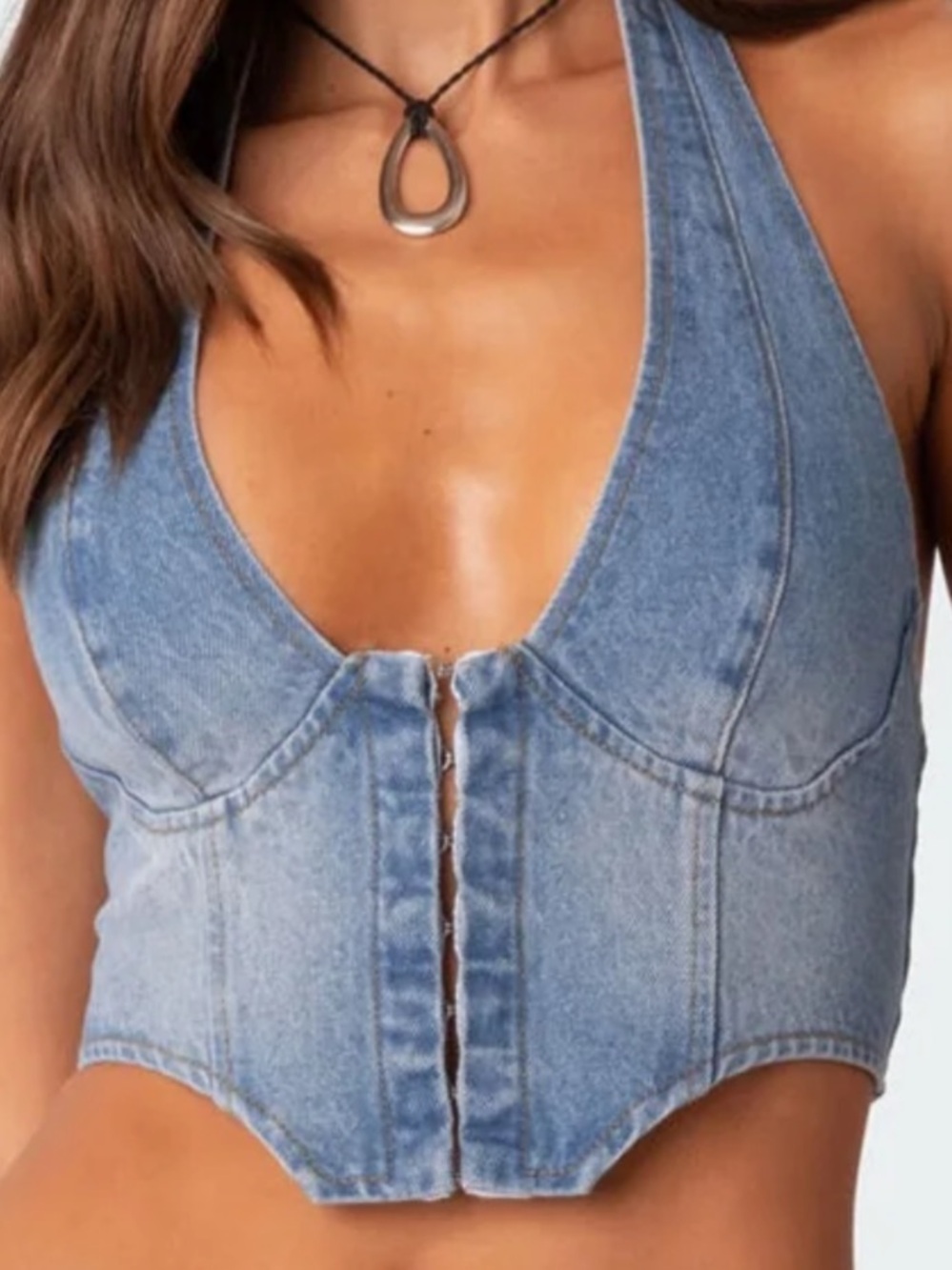 Edikted Denim Halter Corset Crop Top - Light Blue | S